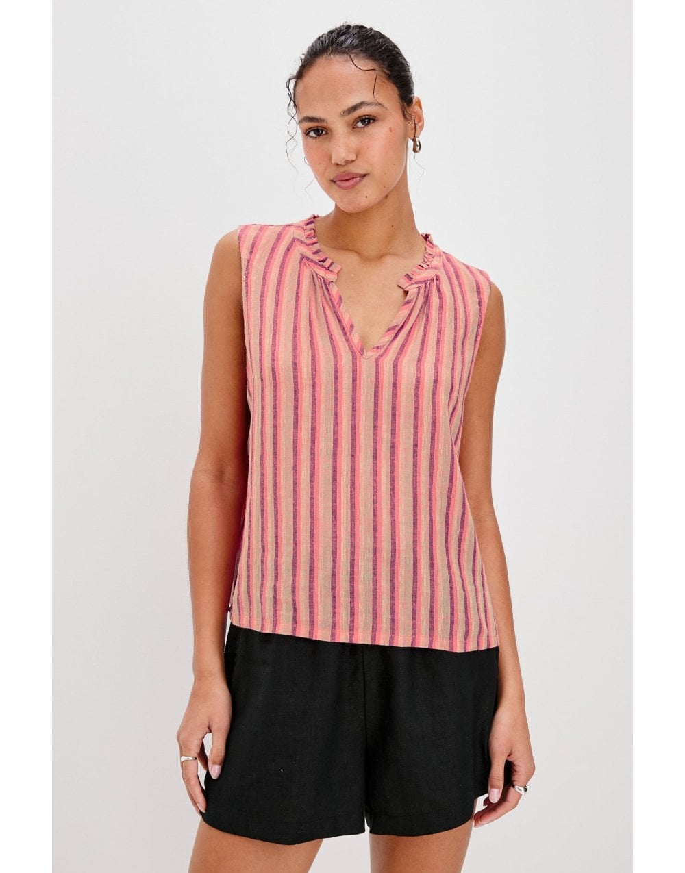 Young Ideas/Henmores - Christy Frill Collar Striped Sleeveless Top - Cabana Stripe - S