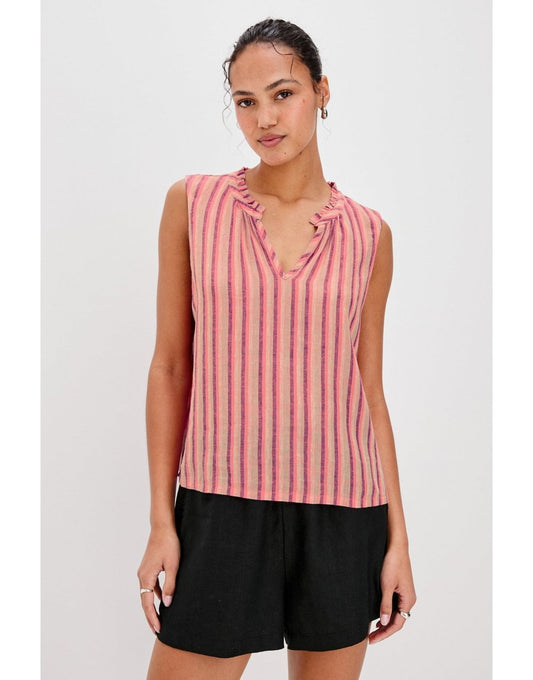 Young Ideas/Henmores - Christy Frill Collar Striped Sleeveless Top - Cabana Stripe - S