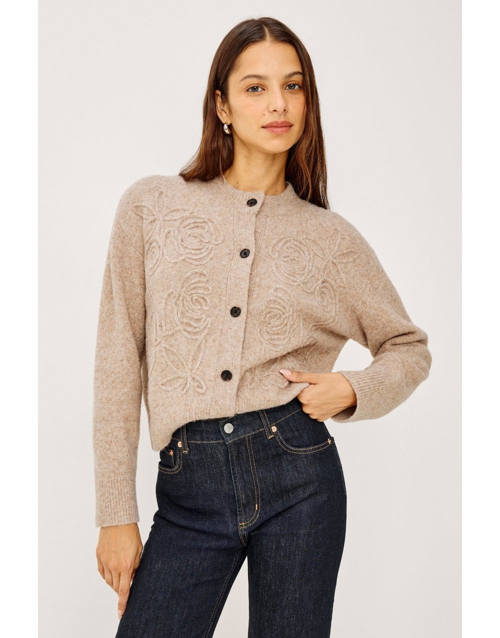 Young Ideas/Henmores - Coralee Rose Embroidered Cardigan - sand - XS