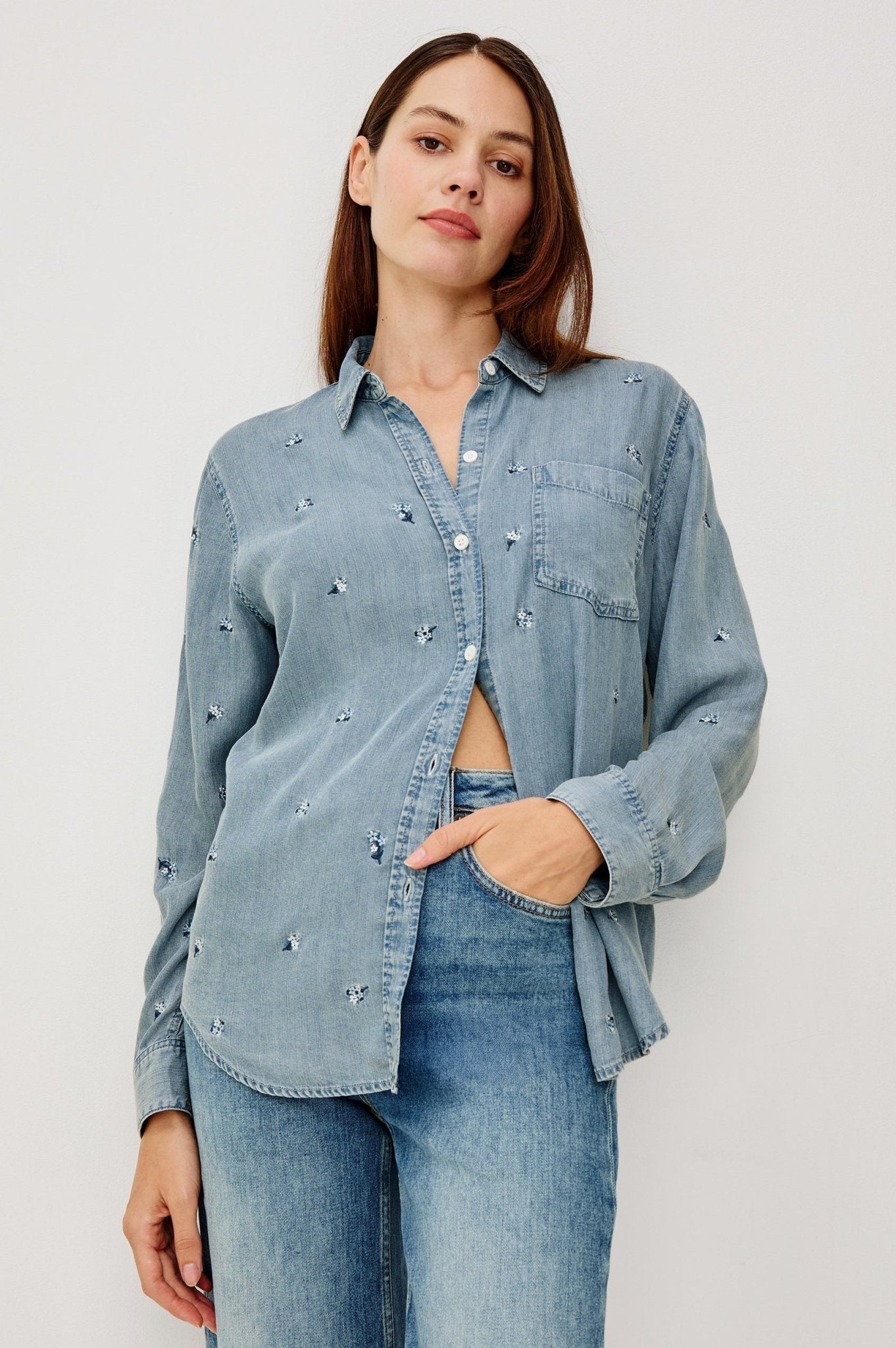 Young Ideas & Henmores - Ingrid Embroidered Denim Shirt - Blue Blossoms - XS