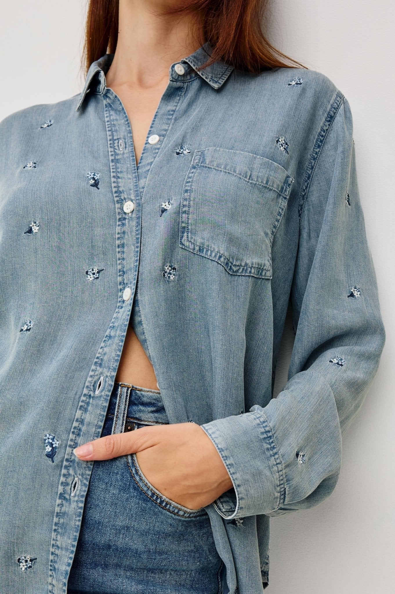 Young Ideas & Henmores - Ingrid Embroidered Denim Shirt - Blue Blossoms - XS