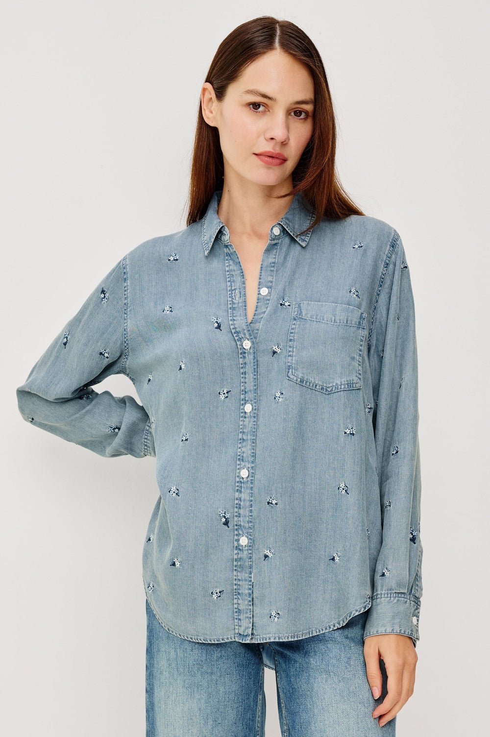 Young Ideas & Henmores - Ingrid Embroidered Denim Shirt - Blue Blossoms - XS