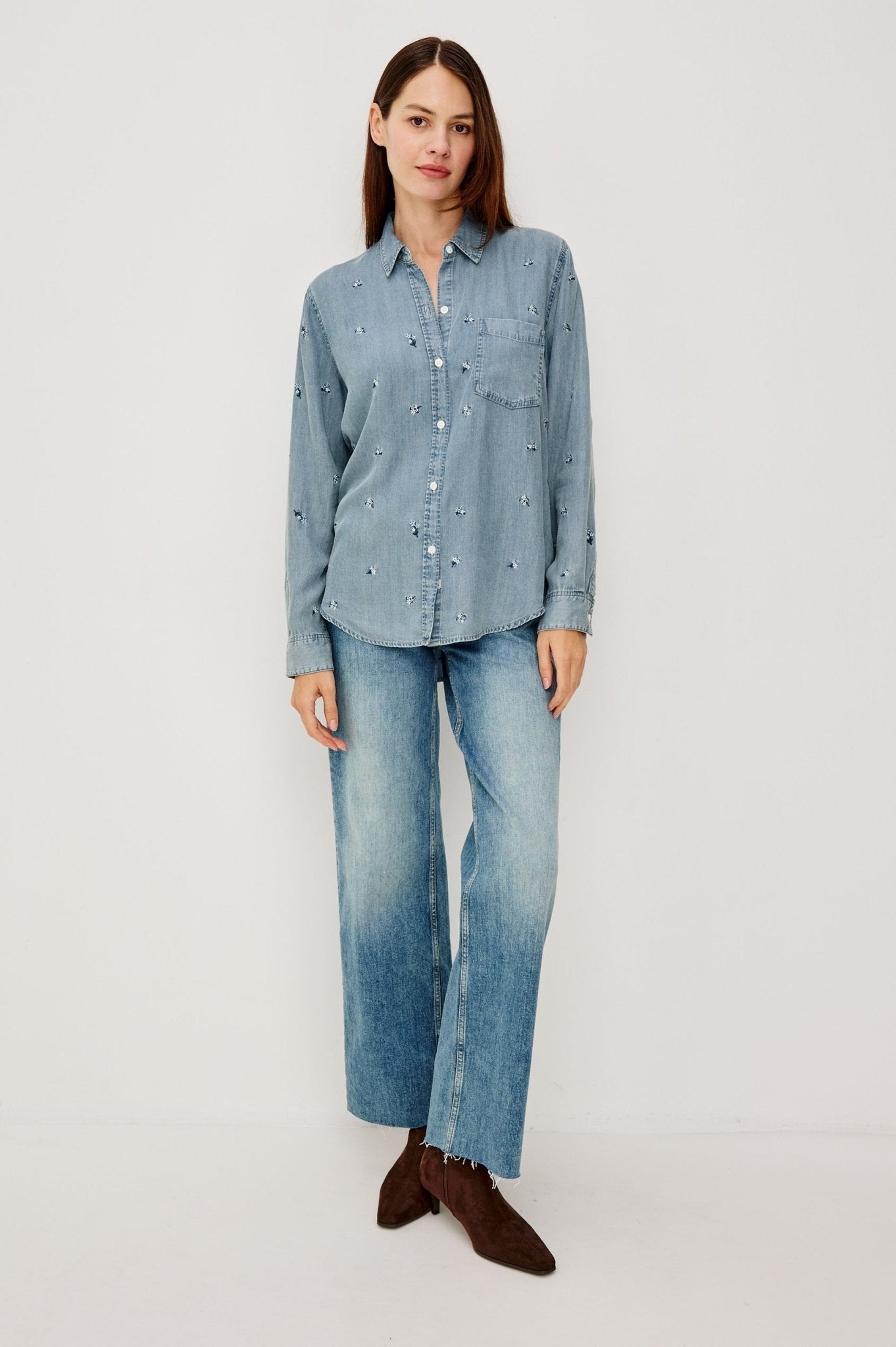 Young Ideas & Henmores - Ingrid Embroidered Denim Shirt - Blue Blossoms - XS