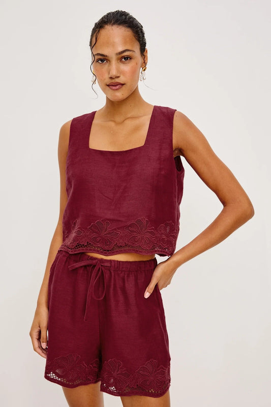 Young Ideas/Henmores - Jenner Linen Embroidered Shorts - Berry Hibiscus - XS