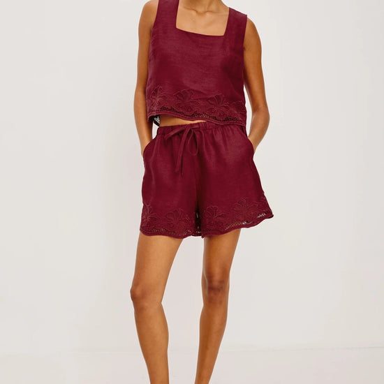 Young Ideas/Henmores - Jenner Linen Embroidered Shorts - Berry Hibiscus - XS