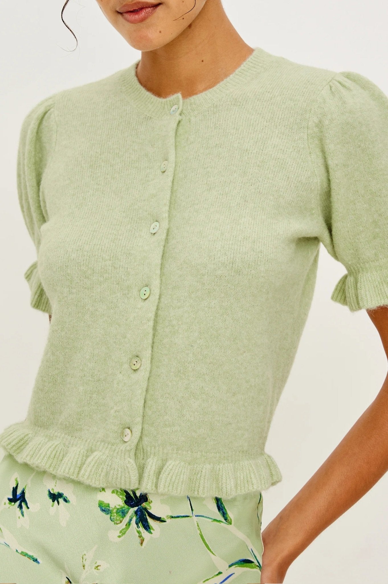 Young Ideas/Henmores - Lora Frilled Short Sleeve Knitted Cardigan - Julep Green - XS