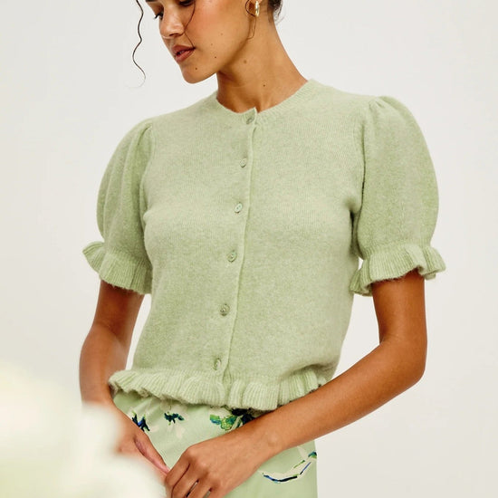 Young Ideas/Henmores - Lora Frilled Short Sleeve Knitted Cardigan - Julep Green - XS