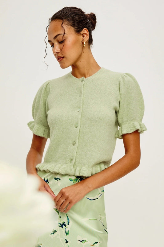 Young Ideas/Henmores - Lora Frilled Short Sleeve Knitted Cardigan - Julep Green - XS