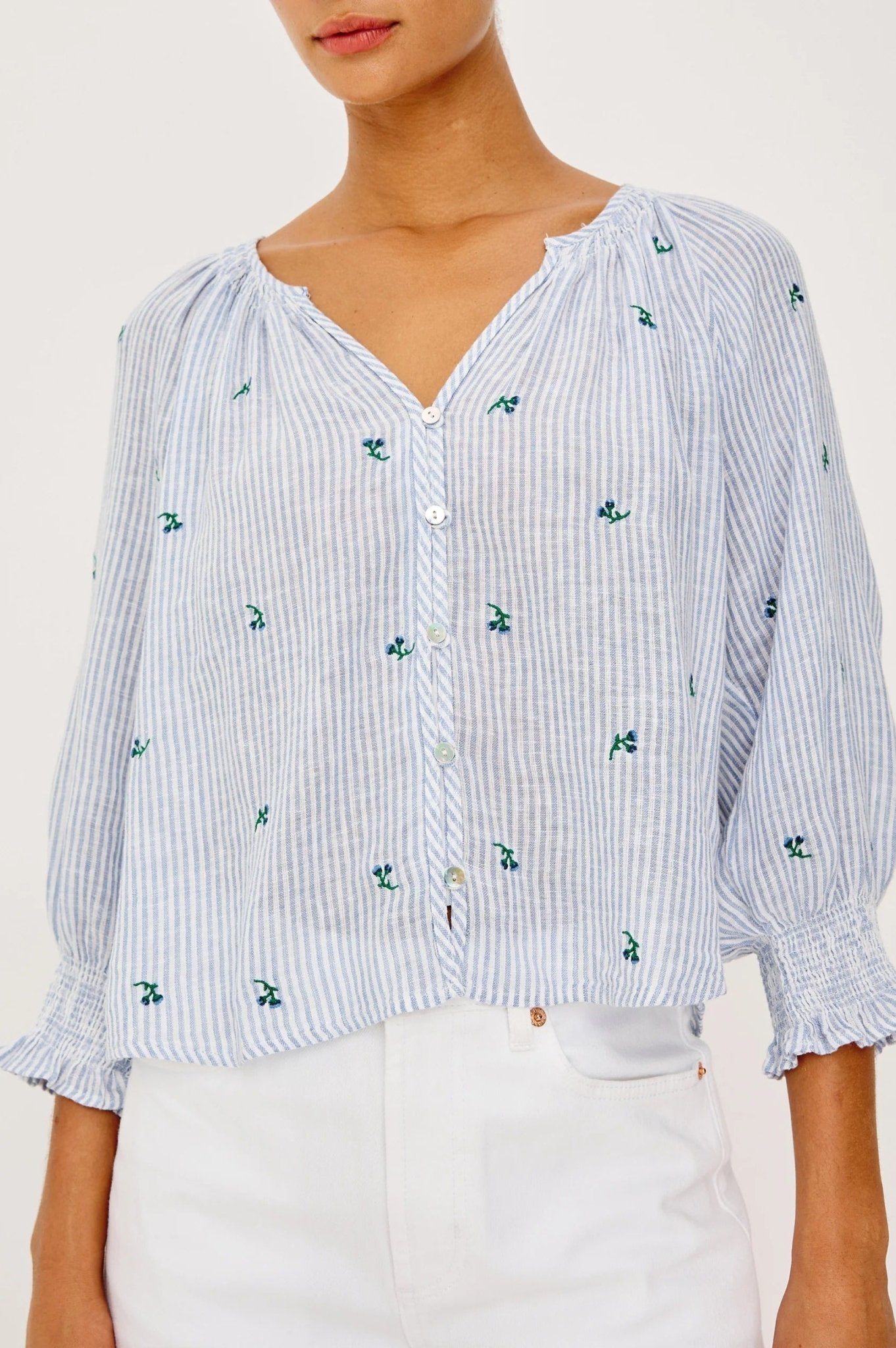 Young Ideas & Henmores -Mariah Bluebell Embroidered Blouse -8717 Sky Blue Stripe -S