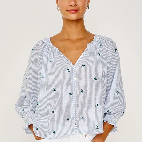 Young Ideas & Henmores -Mariah Bluebell Embroidered Blouse -8717 Sky Blue Stripe -S