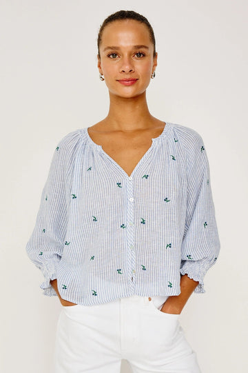 Young Ideas & Henmores -Mariah Bluebell Embroidered Blouse -8717 Sky Blue Stripe -S