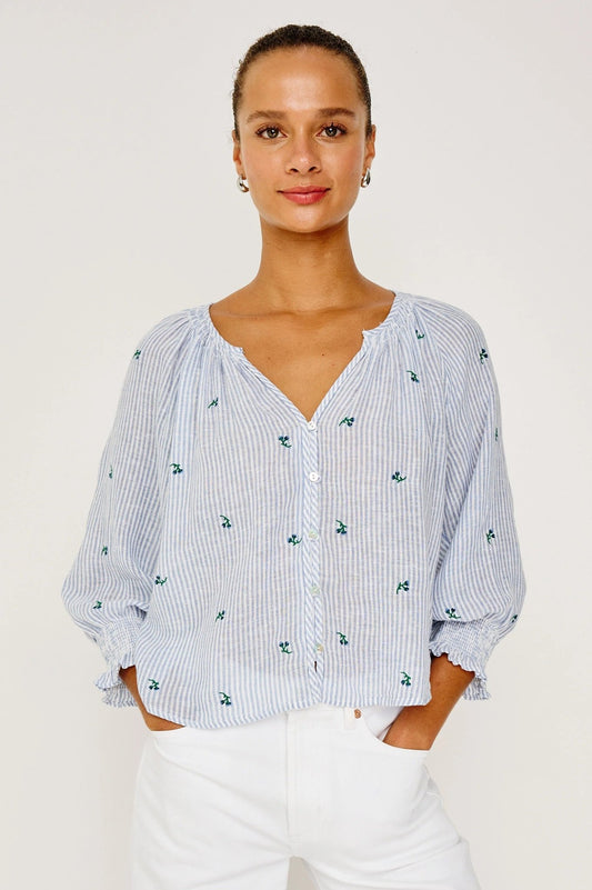 Young Ideas & Henmores -Mariah Bluebell Embroidered Blouse -8717 Sky Blue Stripe -S