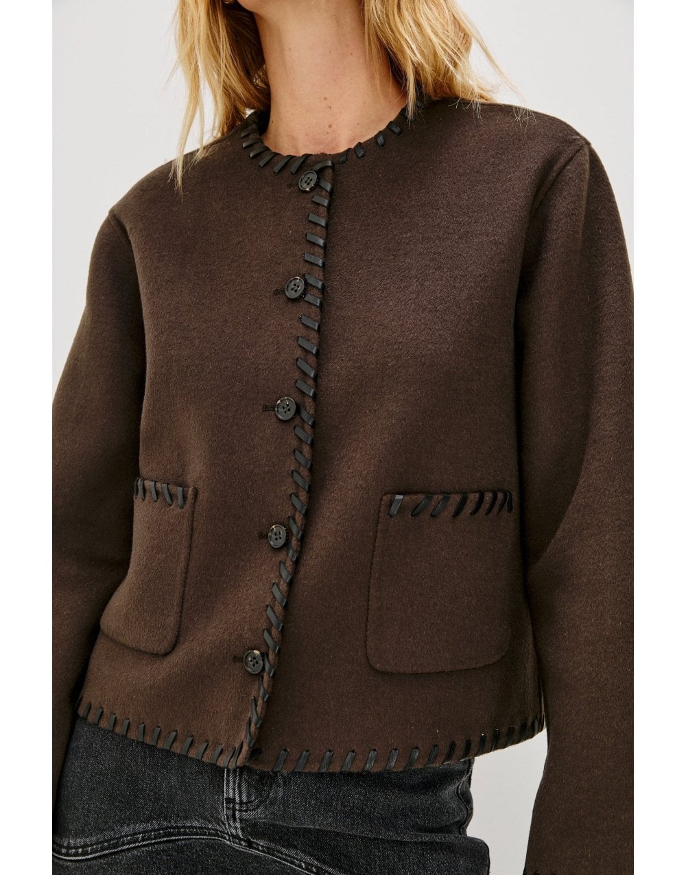 Young Ideas/Henmores - Melanie Overstitch Detail Short Jacket - Dark Brown - XS