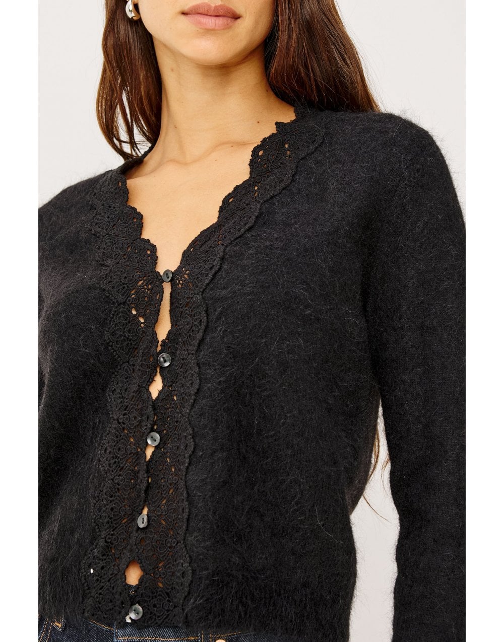 Young Ideas/Henmores - Mer Lace Trim Knitted Cardigan - Black - XS