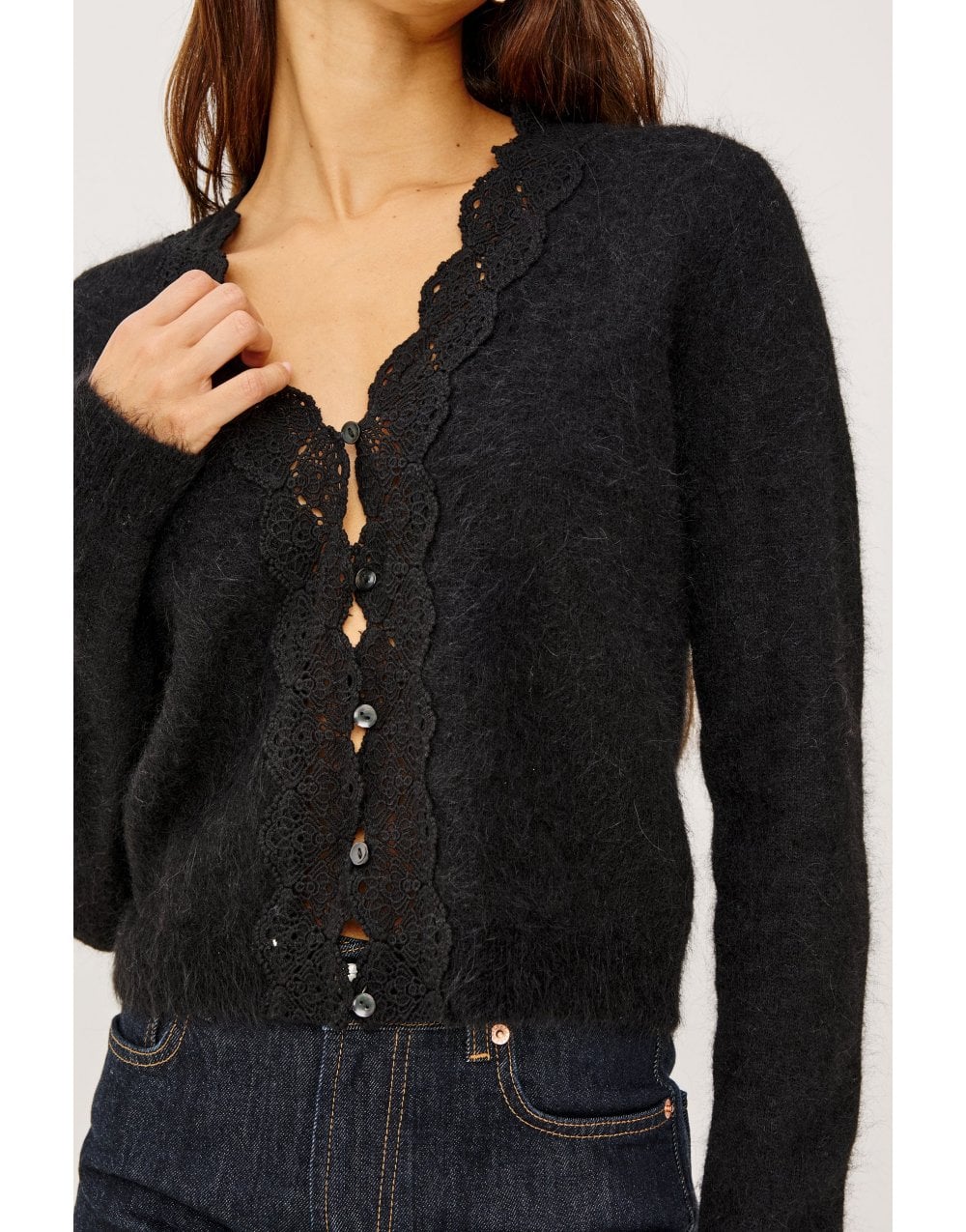 Young Ideas/Henmores - Mer Lace Trim Knitted Cardigan - Black - XS