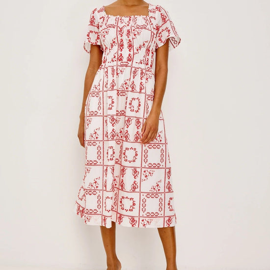 Young Ideas & Henmores -Nanette Embroidered Off Shoulder Dress -8731 Red/White -XS