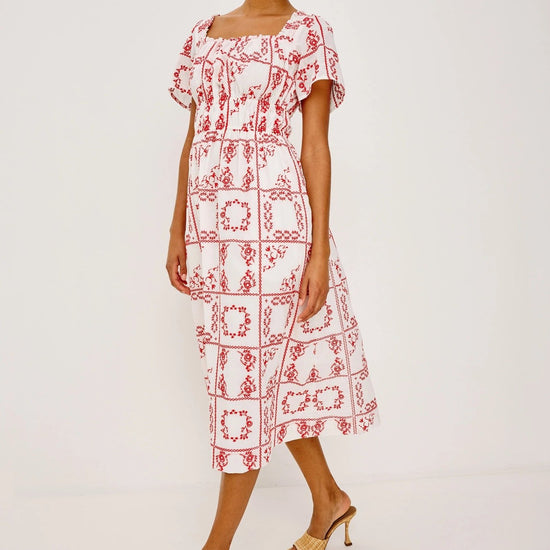Young Ideas & Henmores -Nanette Embroidered Off Shoulder Dress -8731 Red/White -XS