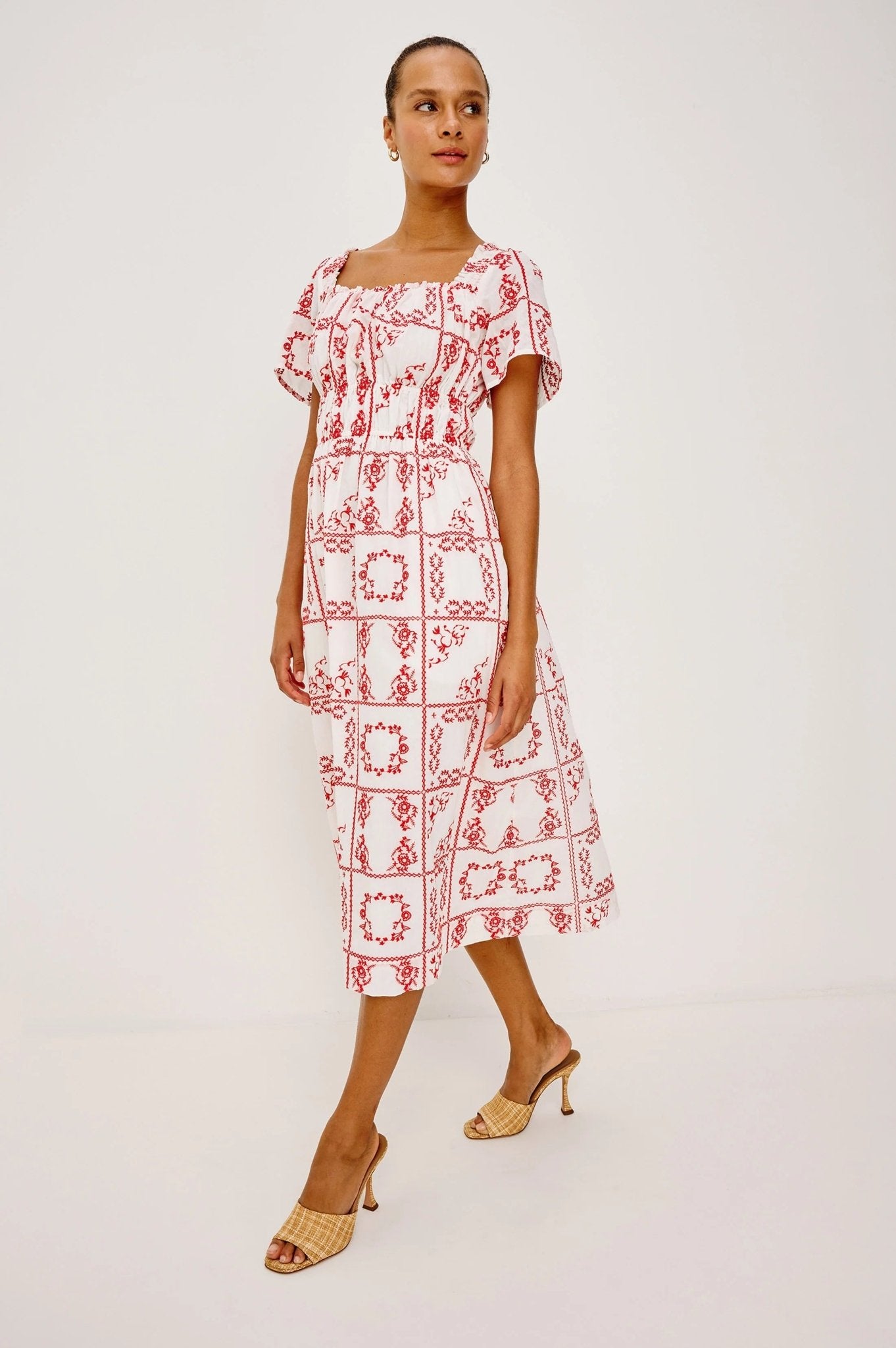 Young Ideas & Henmores -Nanette Embroidered Off Shoulder Dress -8731 Red/White -XS