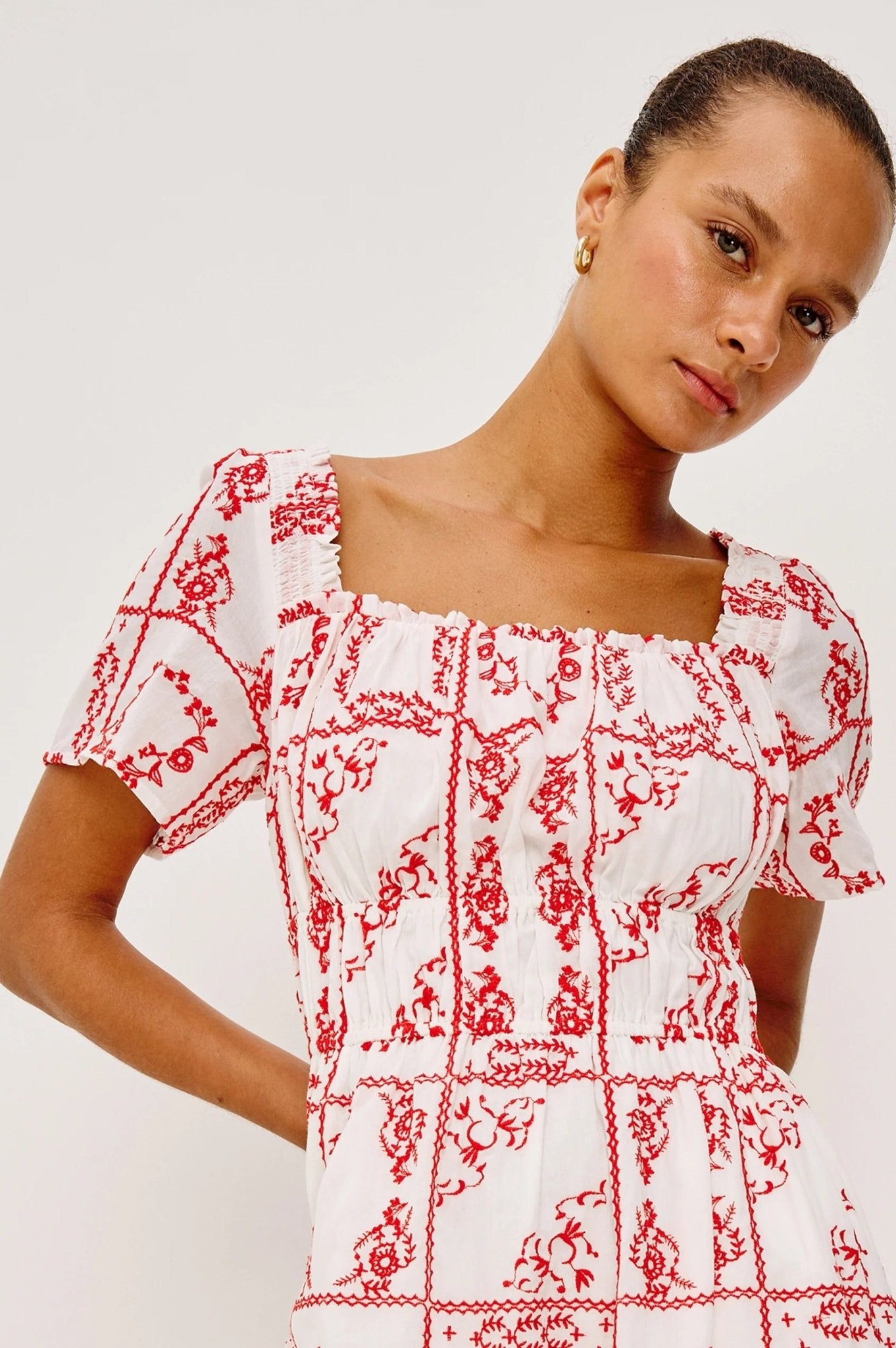 Young Ideas & Henmores -Nanette Embroidered Off Shoulder Dress -8731 Red/White -XS