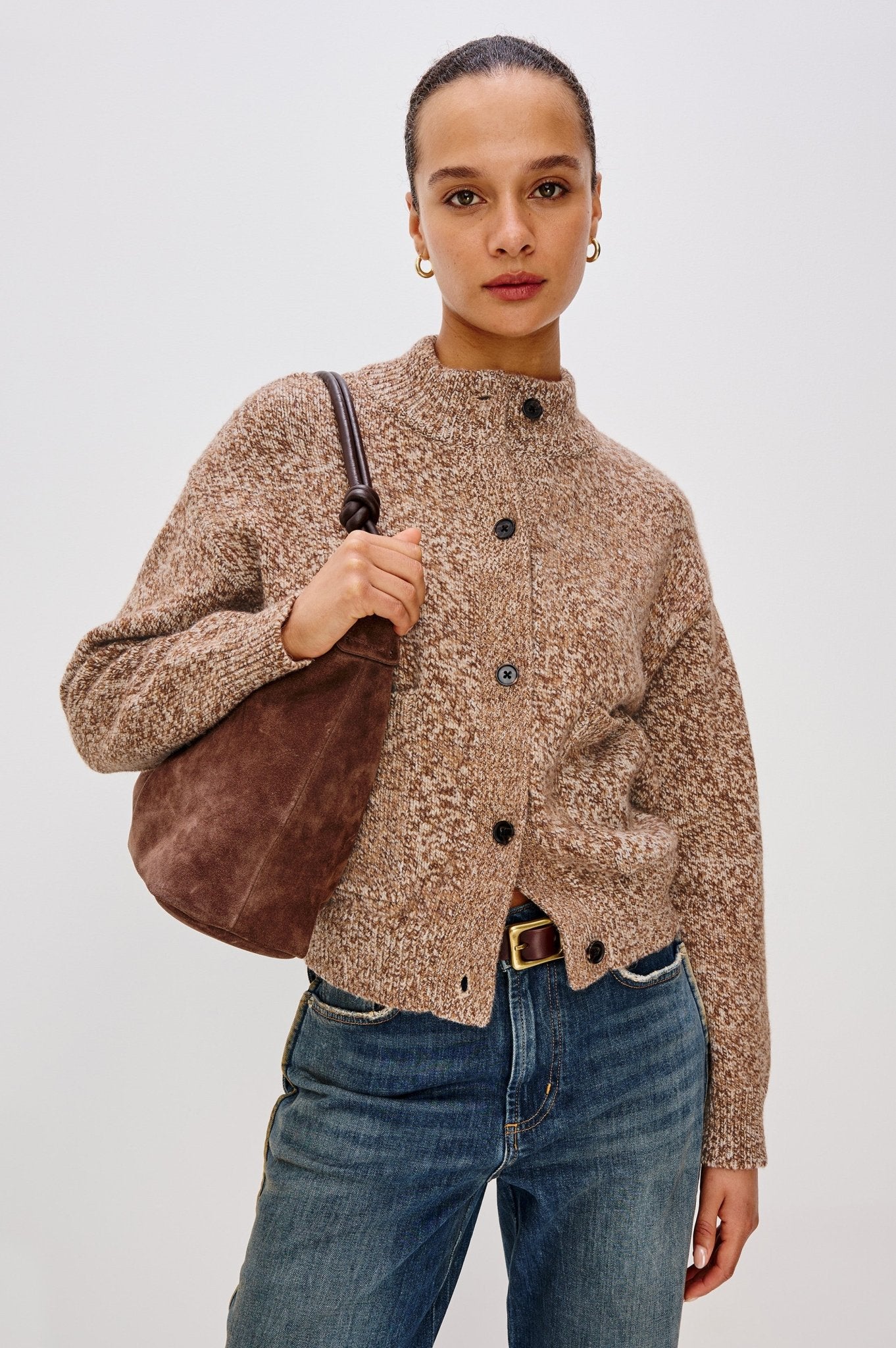 Young Ideas & Henmores - Olvera High Neck Melange Knit Cardigan - Umber Marl - XS
