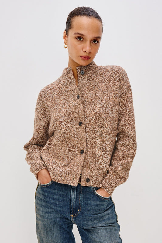 Young Ideas & Henmores - Olvera High Neck Melange Knit Cardigan - Umber Marl - XS