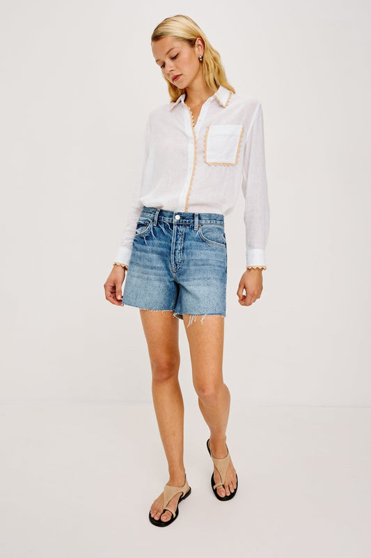 Young Ideas & Henmores - Saya Overstitch Detail Shirt - White/Tan - XS