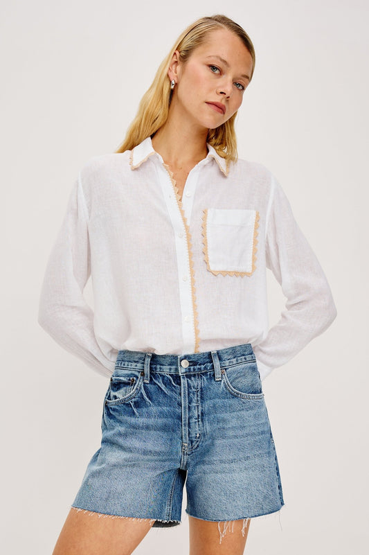 Young Ideas & Henmores - Saya Overstitch Detail Shirt - White/Tan - XS