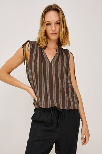 Young Ideas & Henmores -Sosa Frill Neck Sleevless Top -8767 Oak Stripe -XS