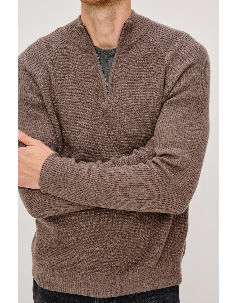 Young Ideas/Henmores - Stark Waffle Knitted Quarter Zip - Brown Melange - M