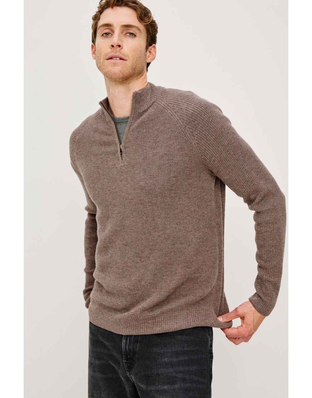 Young Ideas/Henmores - Stark Waffle Knitted Quarter Zip - Brown Melange - M