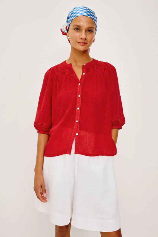 Young Ideas & Henmores -Theia Embroidered Puff Sleeve Shirt -8697 Tomato -S