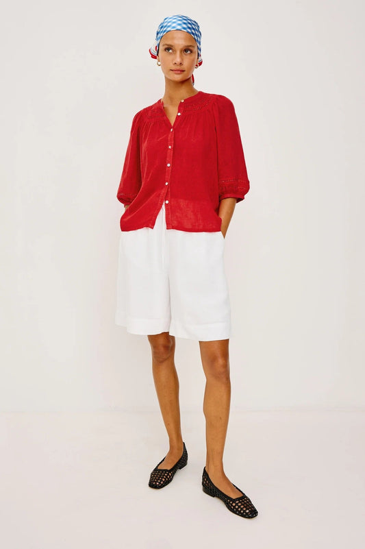 Young Ideas & Henmores -Theia Embroidered Puff Sleeve Shirt -8697 Tomato -S