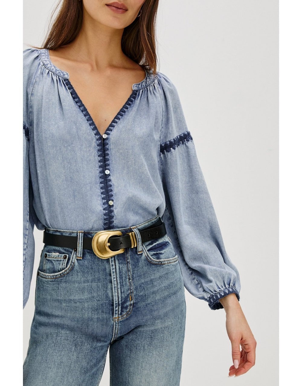 Young Ideas/Henmores - Toshi Denim Stitch Detail Blouse - Denim Blue - XS