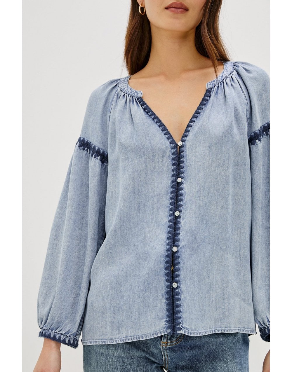 Young Ideas/Henmores - Toshi Denim Stitch Detail Blouse - Denim Blue - XS