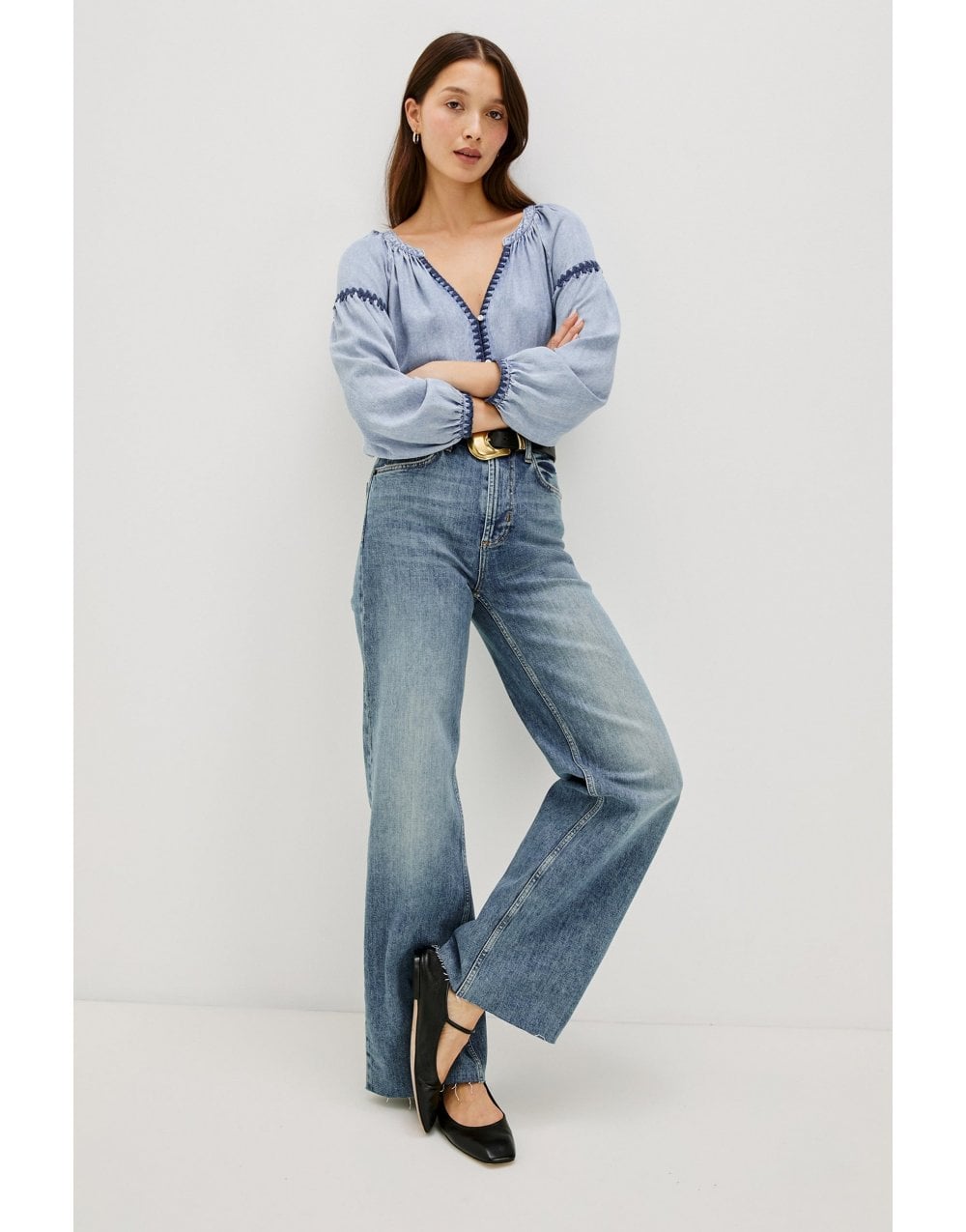 Young Ideas/Henmores - Toshi Denim Stitch Detail Blouse - Denim Blue - XS