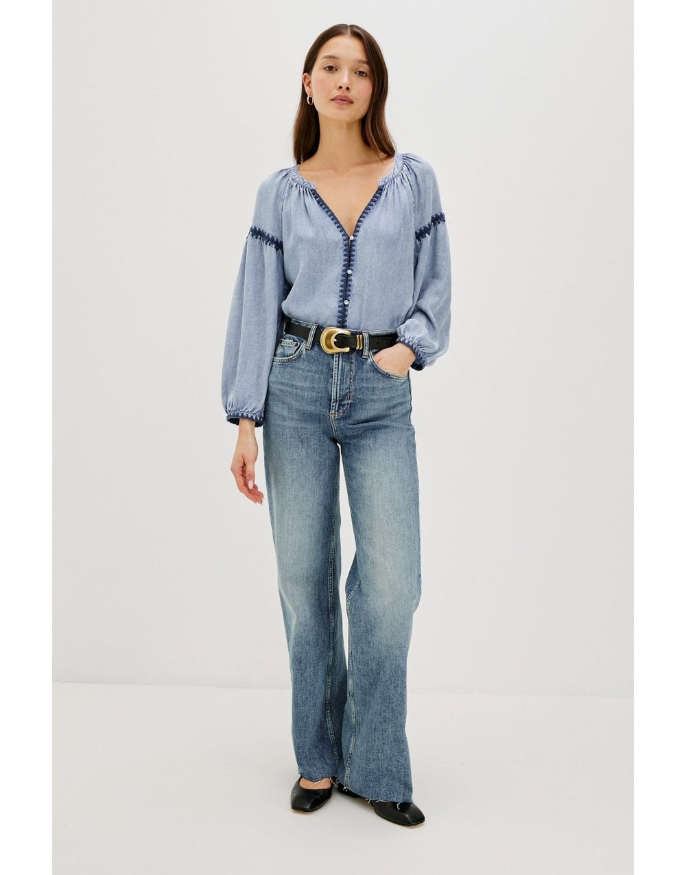 Young Ideas/Henmores - Toshi Denim Stitch Detail Blouse - Denim Blue - XS