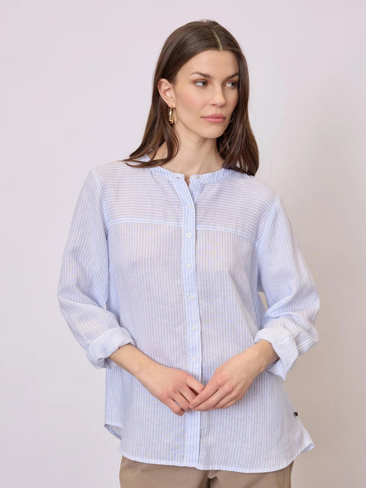Young Ideas & Henmores - Anna Grandad Collar Striped Shirt - 163 Blue Stripe - S
