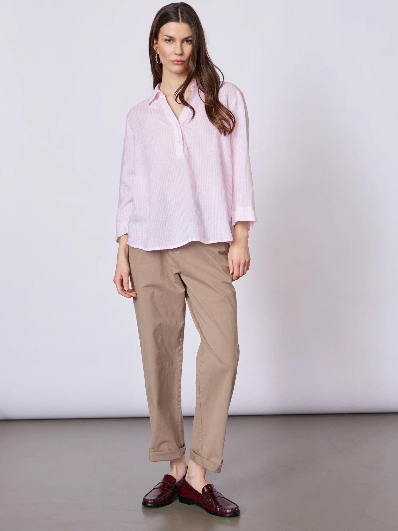 Young Ideas & Henmores - Annika Stripy V - neck Shirt With Collar - 141 Rose Stripe - S