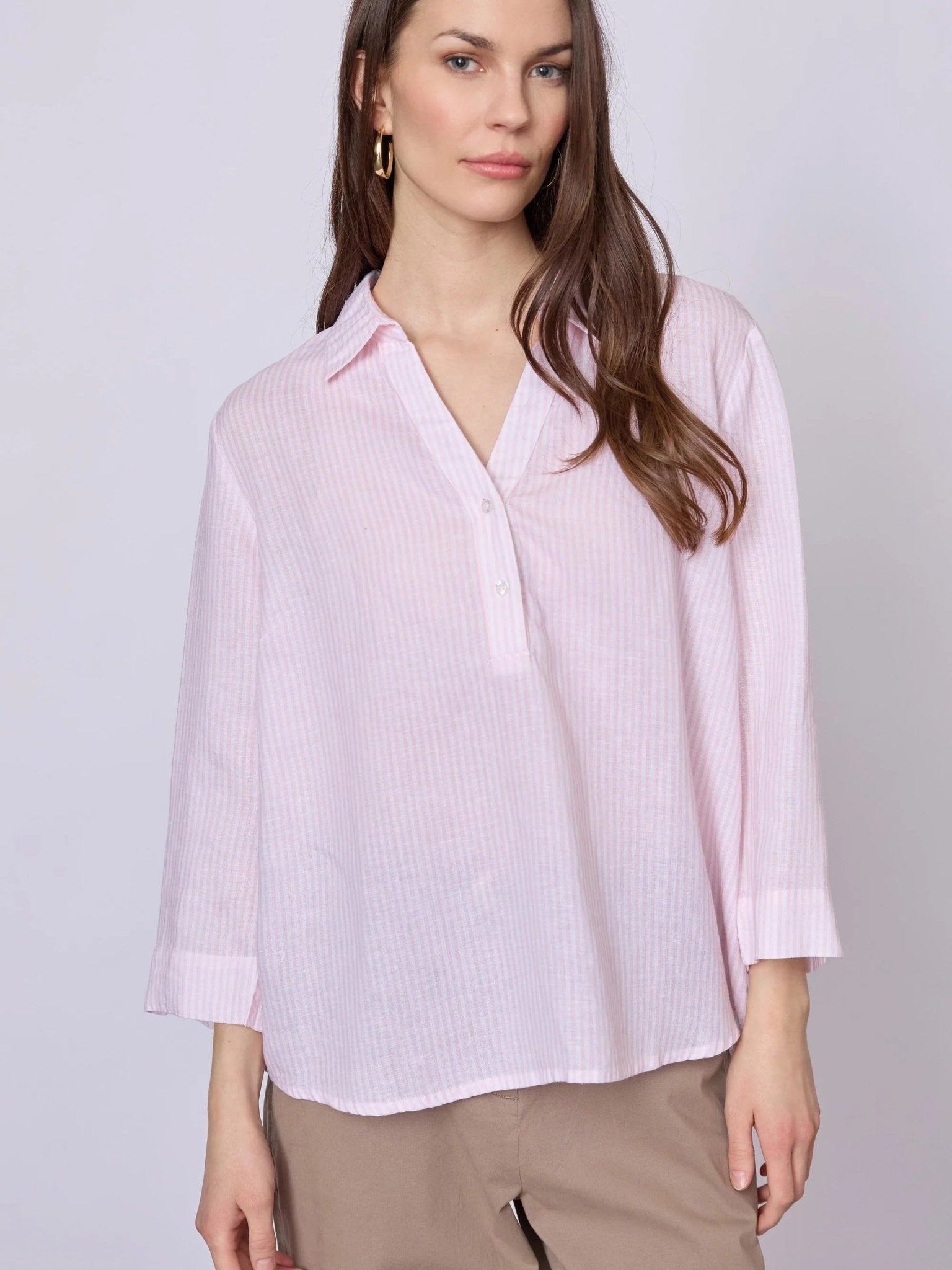 Young Ideas & Henmores - Annika Stripy V - neck Shirt With Collar - 141 Rose Stripe - S