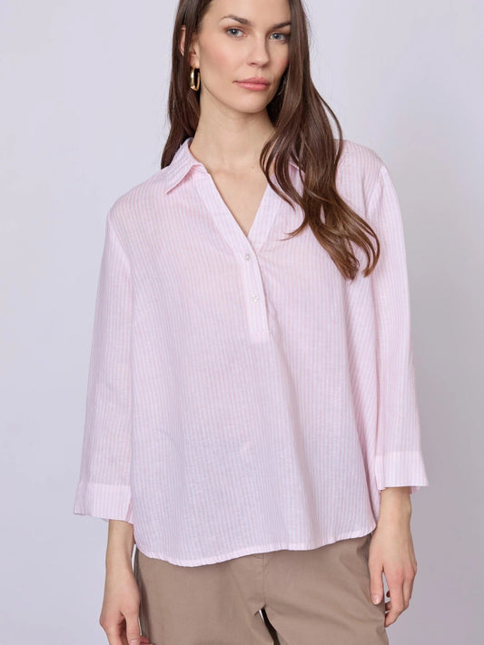 Young Ideas & Henmores - Annika Stripy V - neck Shirt With Collar - 141 Rose Stripe - S