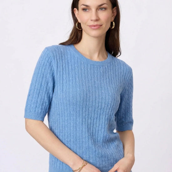 Young Ideas & Henmores - Judith Crew Neck Cable 3/4 Sleeve Jumper - 463 Blue Melange - S