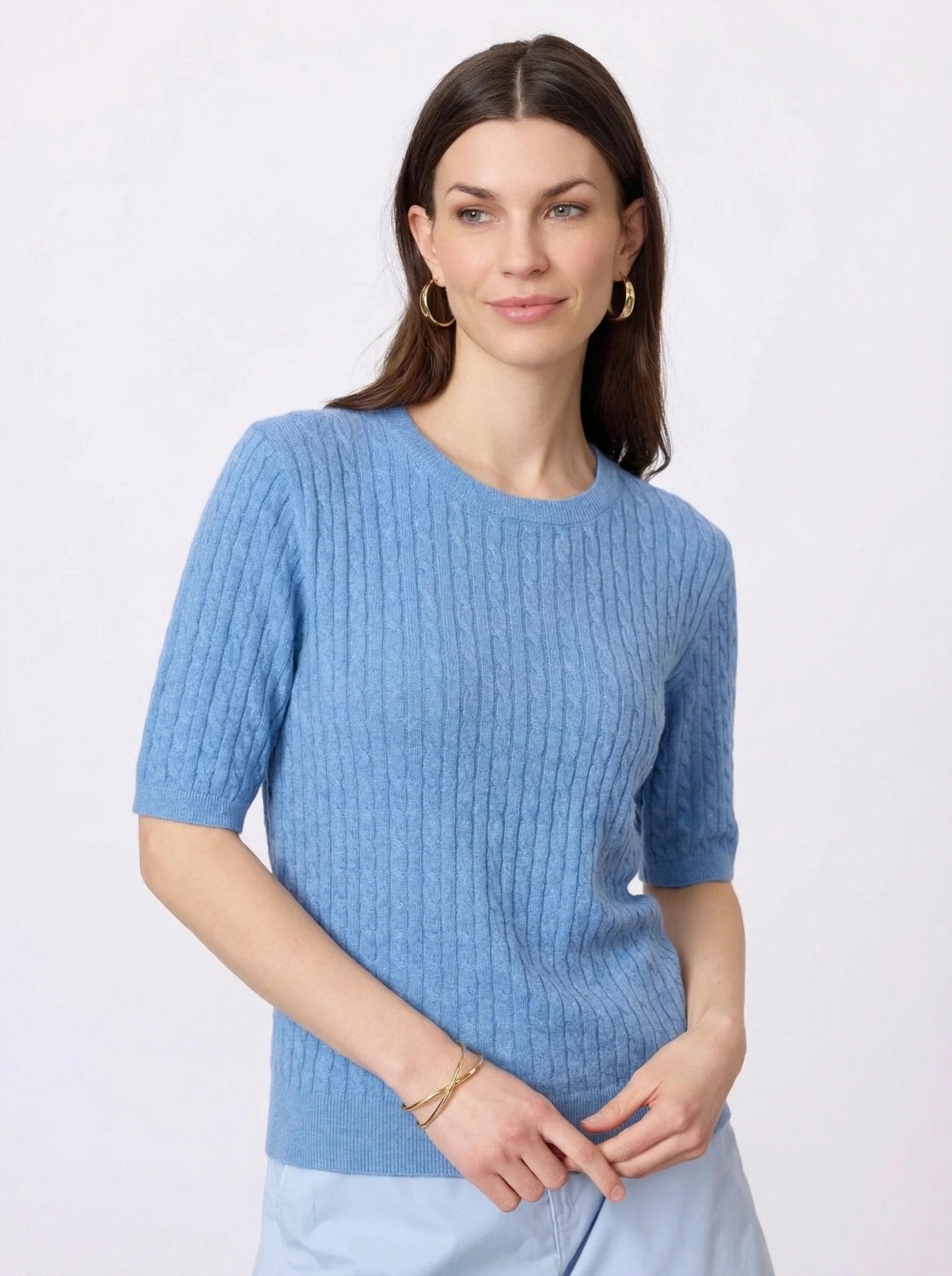 Young Ideas & Henmores - Judith Crew Neck Cable 3/4 Sleeve Jumper - 463 Blue Melange - S