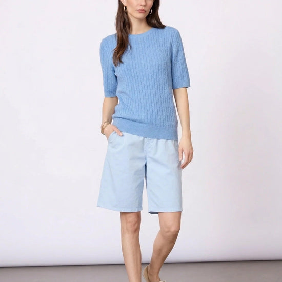 Young Ideas & Henmores - Judith Crew Neck Cable 3/4 Sleeve Jumper - 463 Blue Melange - S