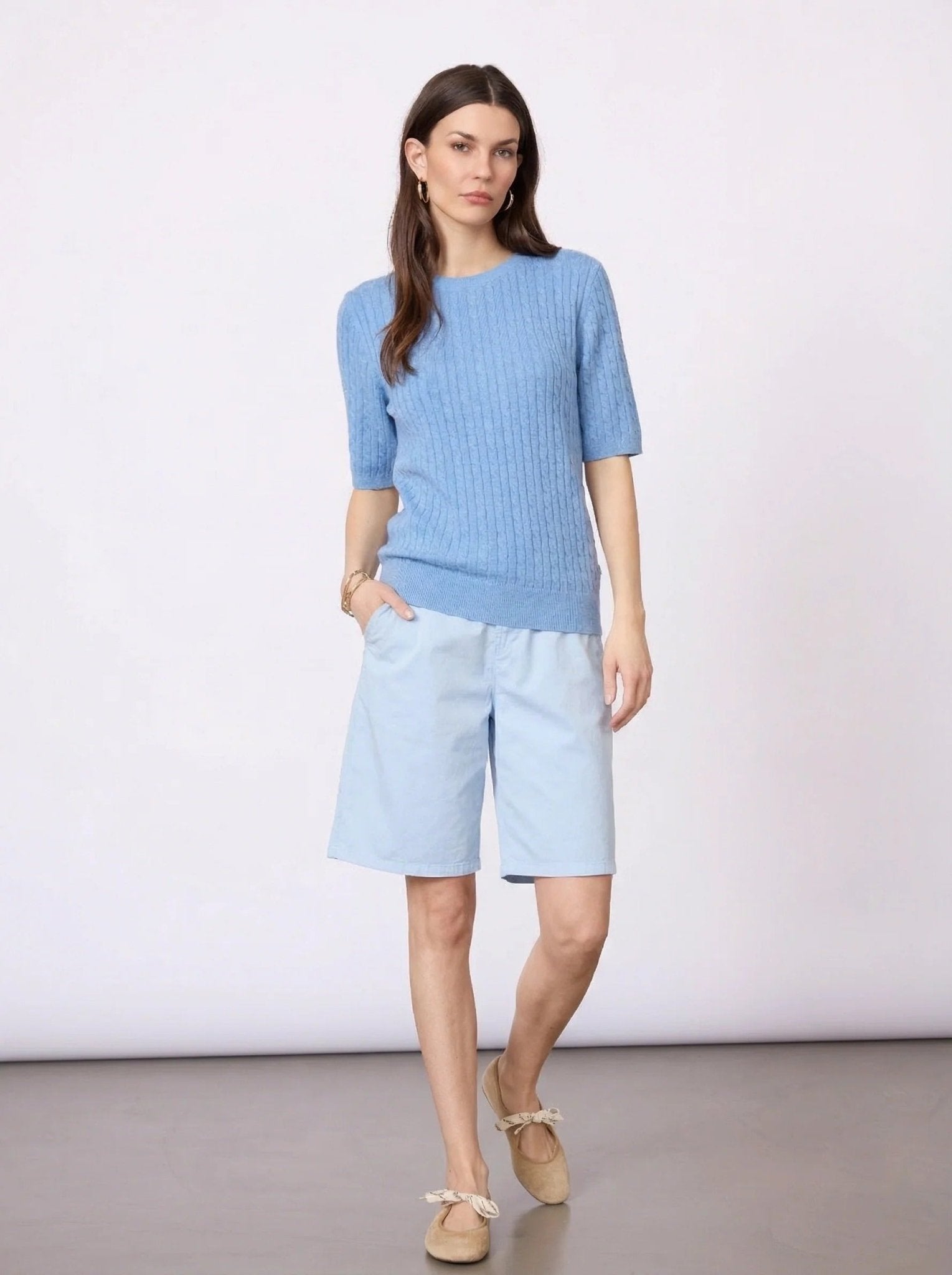 Young Ideas & Henmores - Judith Crew Neck Cable 3/4 Sleeve Jumper - 463 Blue Melange - S