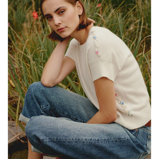 Young Ideas/Henmores - Knit Detail Short Sleeve Cashmere Jumper - 1002 Cream - 8