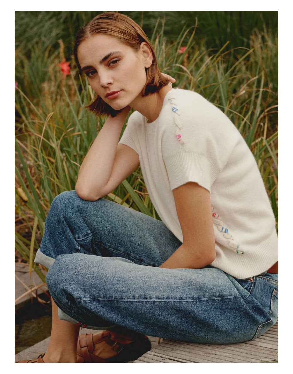 Young Ideas/Henmores - Knit Detail Short Sleeve Cashmere Jumper - 1002 Cream - 8