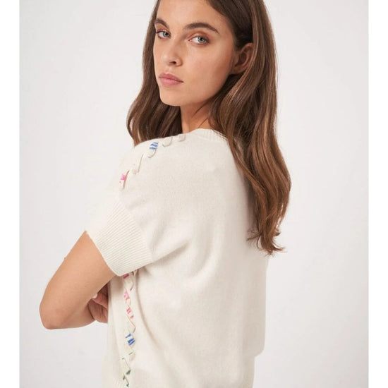 Young Ideas/Henmores - Knit Detail Short Sleeve Cashmere Jumper - 1002 Cream - 8