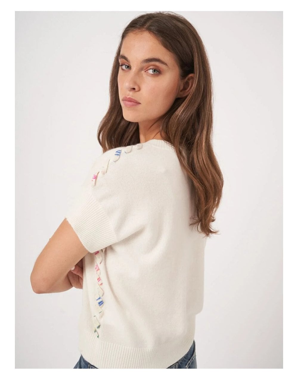 Young Ideas/Henmores - Knit Detail Short Sleeve Cashmere Jumper - 1002 Cream - 8