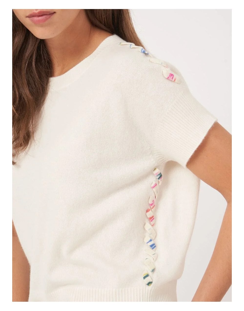 Young Ideas/Henmores - Knit Detail Short Sleeve Cashmere Jumper - 1002 Cream - 8