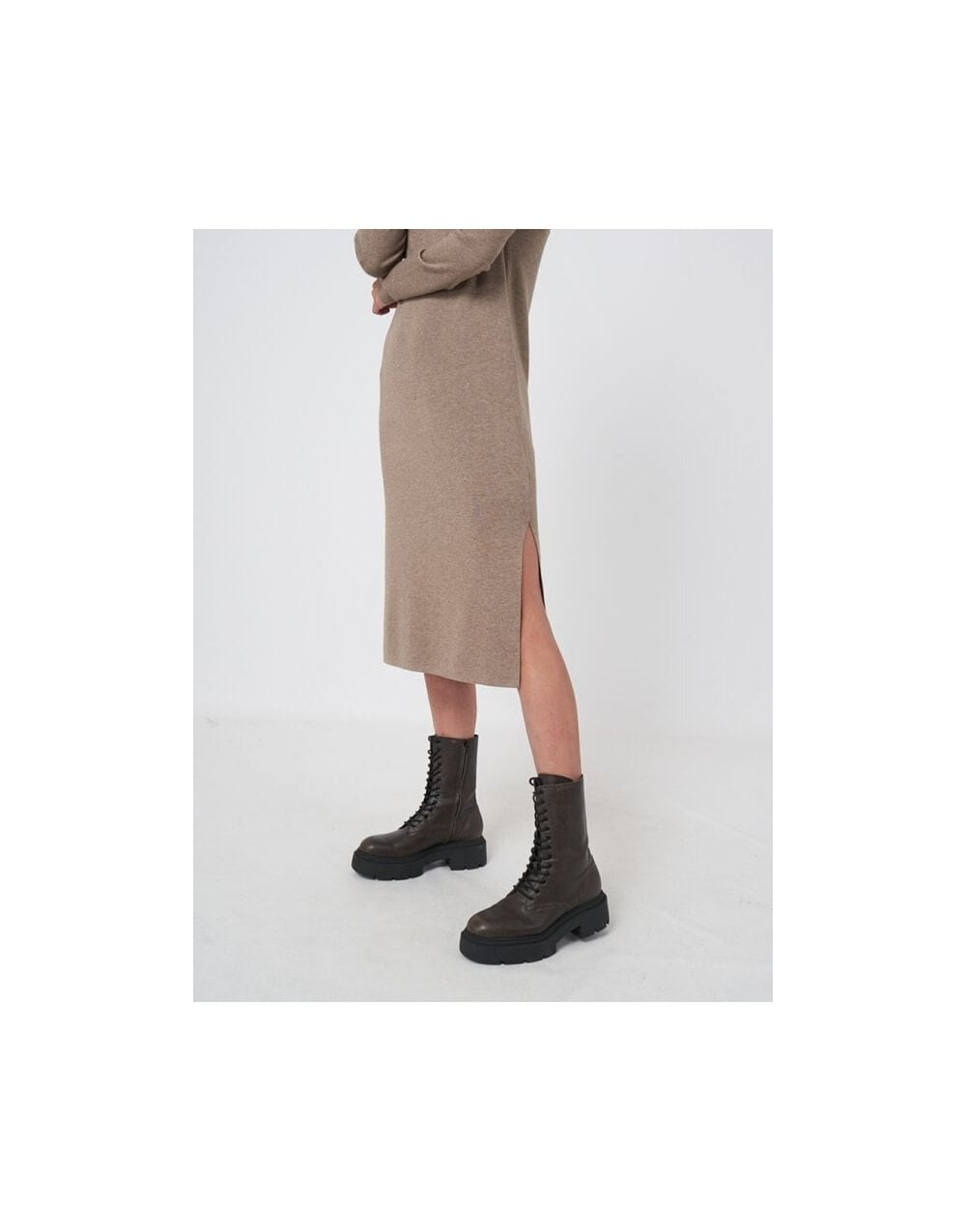 Young Ideas/Henmores - Ribbed Funnel Neck Long Sleeve Midi Dress - 1657 Taupe - 10